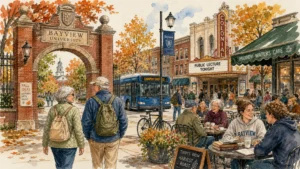 An ink and watercolor illustration of retirees and students mingling on a vibrant, historic college town street in autumn.
