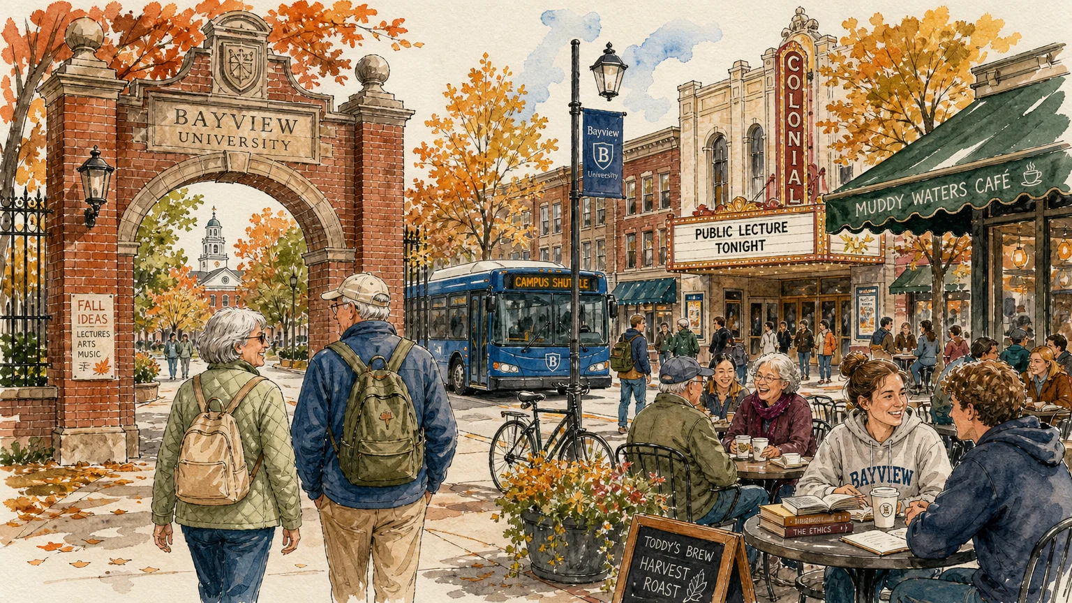 An ink and watercolor illustration of retirees and students mingling on a vibrant, historic college town street in autumn.