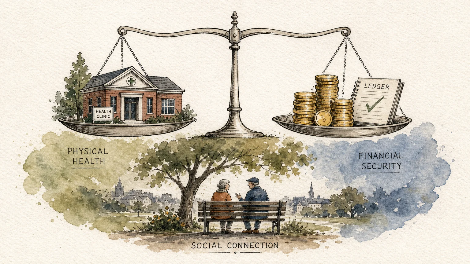 An ink and watercolor illustration showing a balance scale weighing healthcare, financial security, and social community.