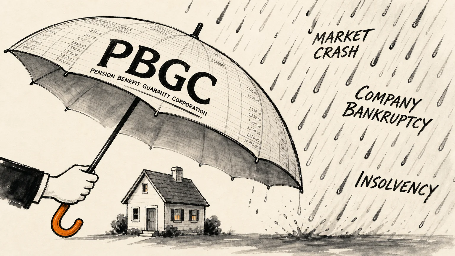 An ink illustration of a PBGC-labeled umbrella protecting a small home from a storm of financial risks.