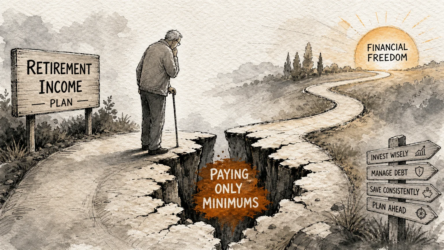 An ink sketch showing a retirement path interrupted by a crack labeled 'Paying Only Minimums' to represent common financial mistakes.