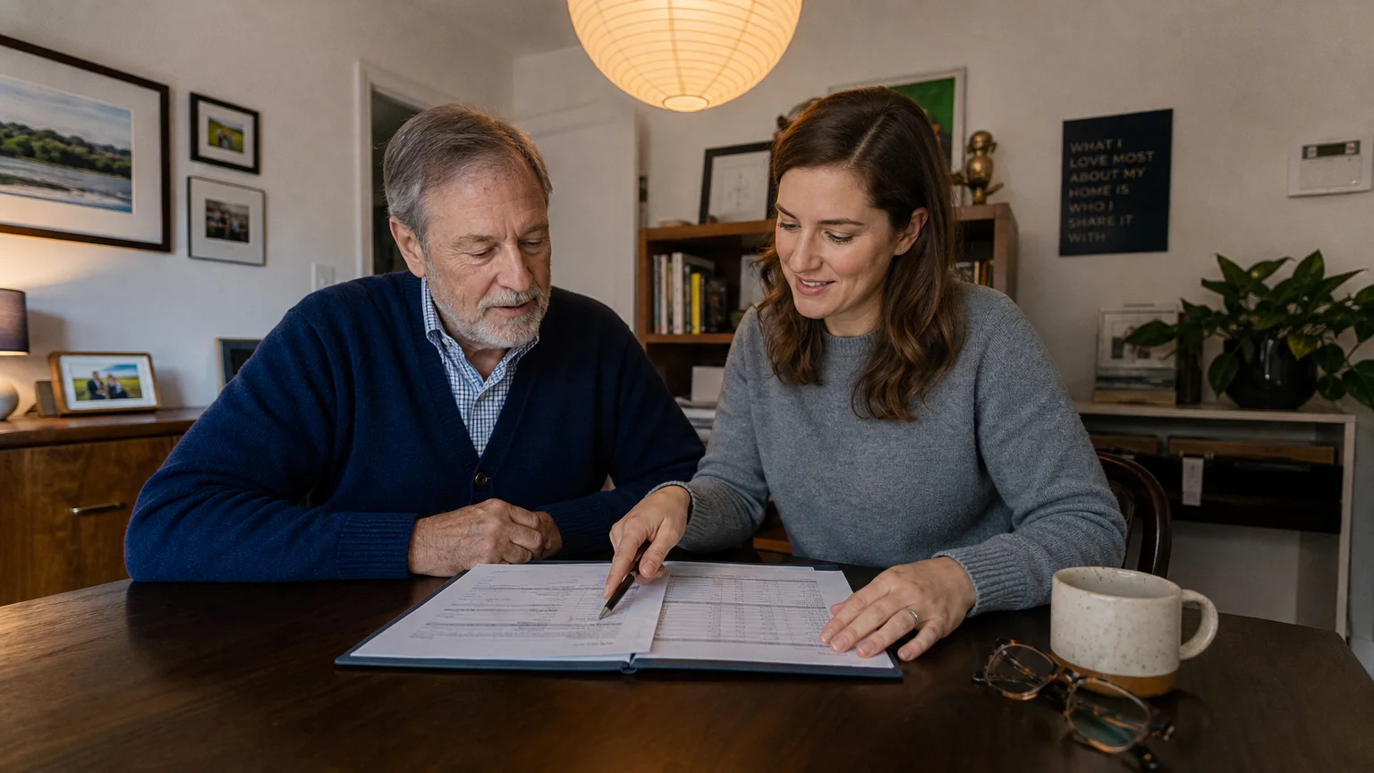An older adult and an advisor sit together at a desk reviewing a financial folder, symbolizing professional guidance.