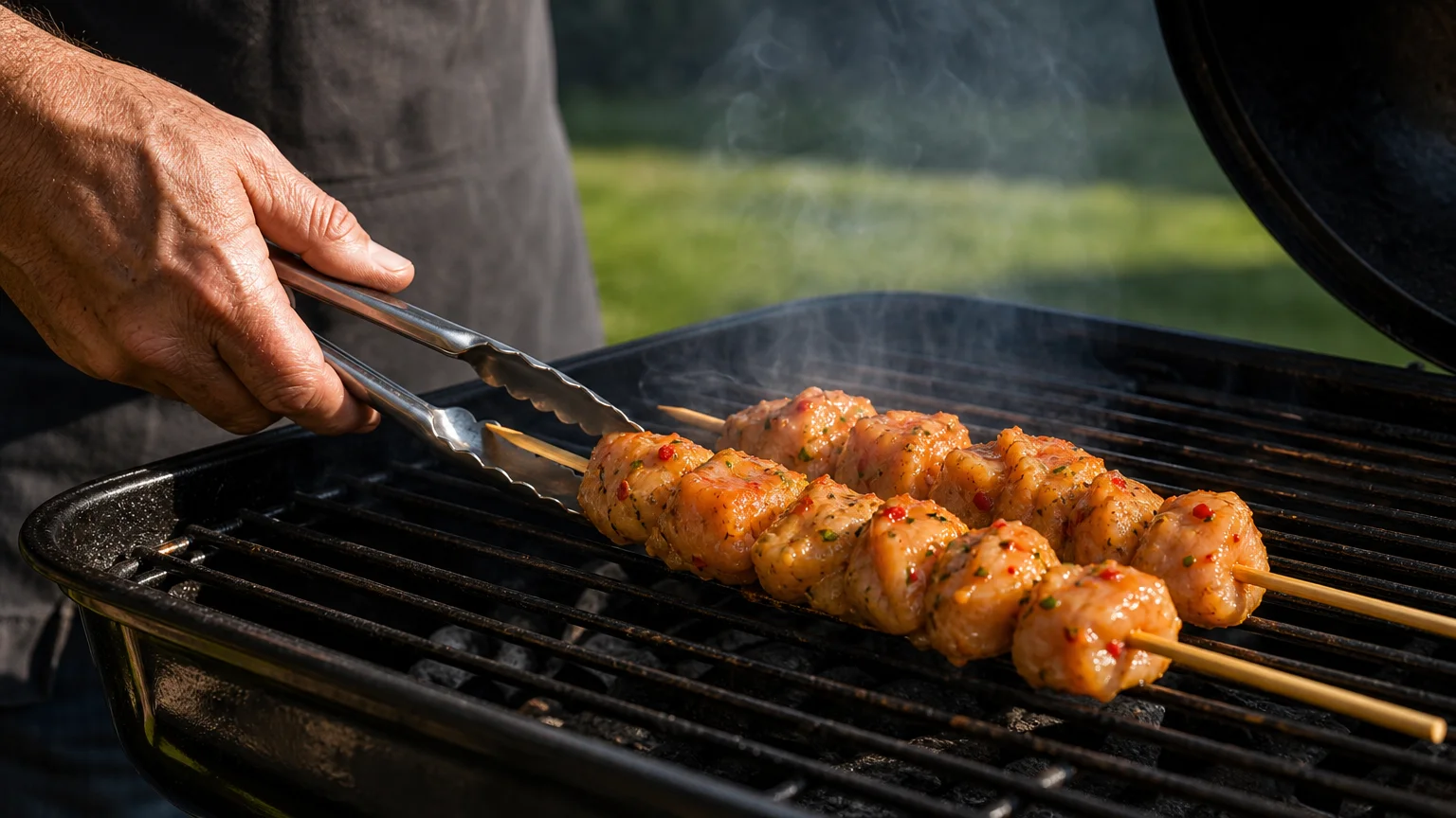 An older adult grates sweet chili lime chicken skewers onto a charcoal grill during a sunny afternoon.
