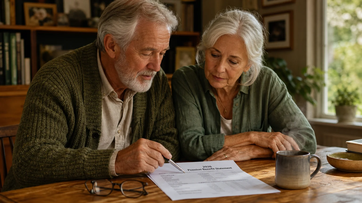 An older couple at a kitchen table reviewing a 2026 pension statement document together in a sunlit home environment.