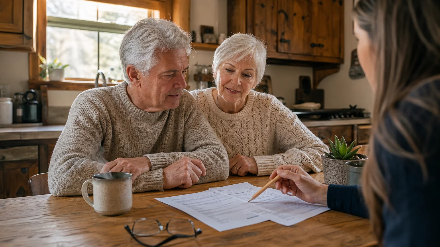 An older couple at their kitchen table comfortably reviewing financial paperwork with a trusted advisor.