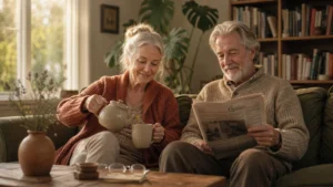 An older couple enjoys a peaceful morning together in their sunlit living room, symbolizing a worry-free retirement.