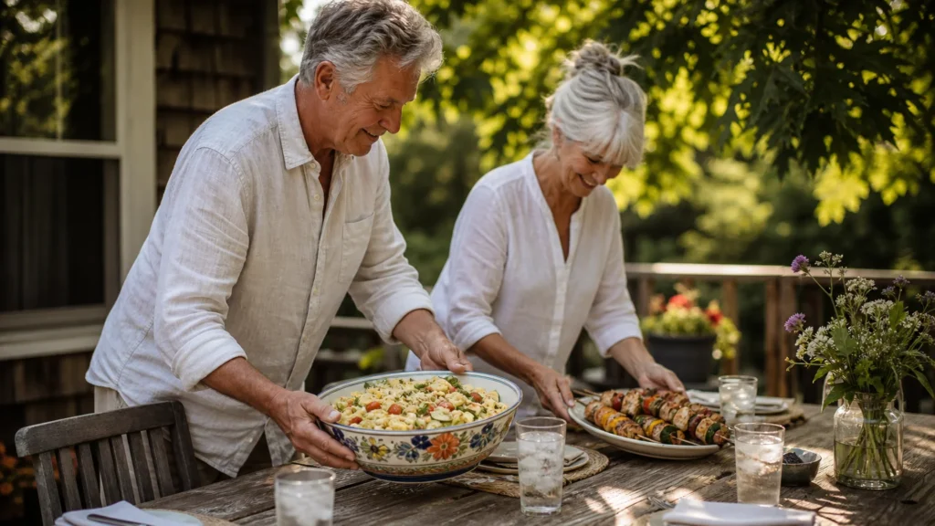 An older couple happily prepares a fresh, sunny outdoor lunch table on their wooden backyard deck during a warm summer afternoon.