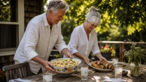An older couple happily prepares a fresh, sunny outdoor lunch table on their wooden backyard deck during a warm summer afternoon.