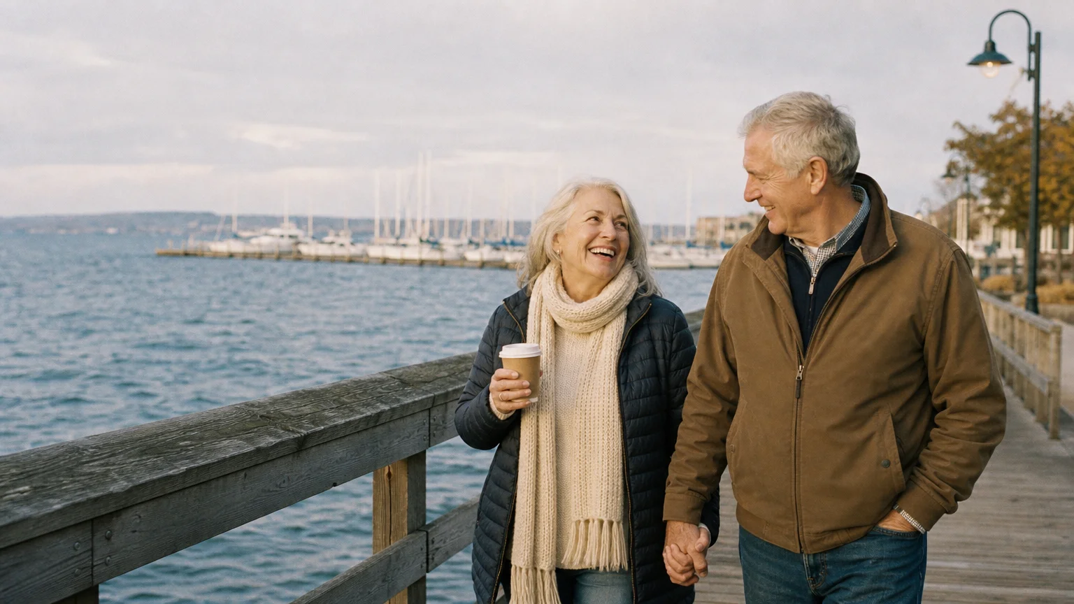 An older couple laughing while walking on a wooden boardwalk along Grand Traverse Bay in Traverse City, Michigan.