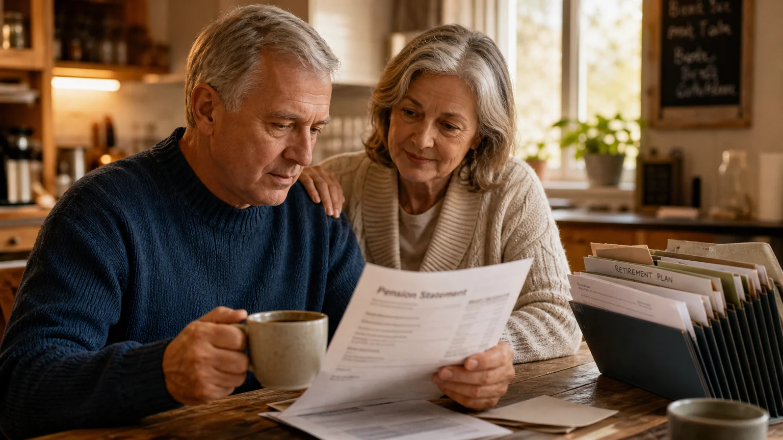 An older couple reviewing their retirement papers together at a wooden kitchen table in warm morning light.