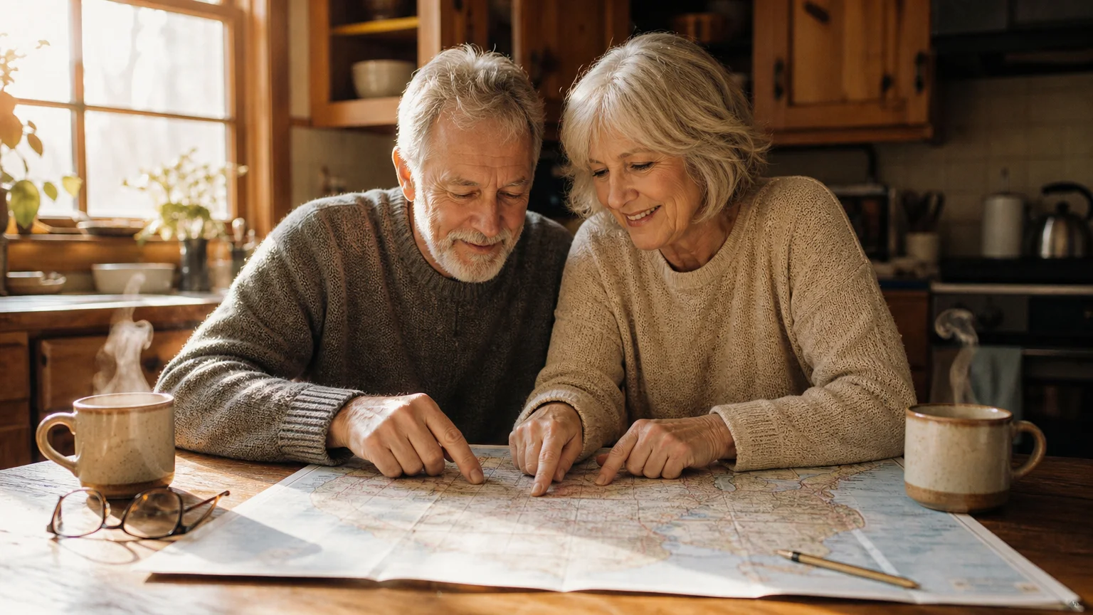 An older couple reviews a paper map of the United States at a sunlit kitchen table, planning their retirement move.