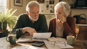An older couple reviews bills and financial documents at their sunny kitchen table, looking thoughtful and focused.