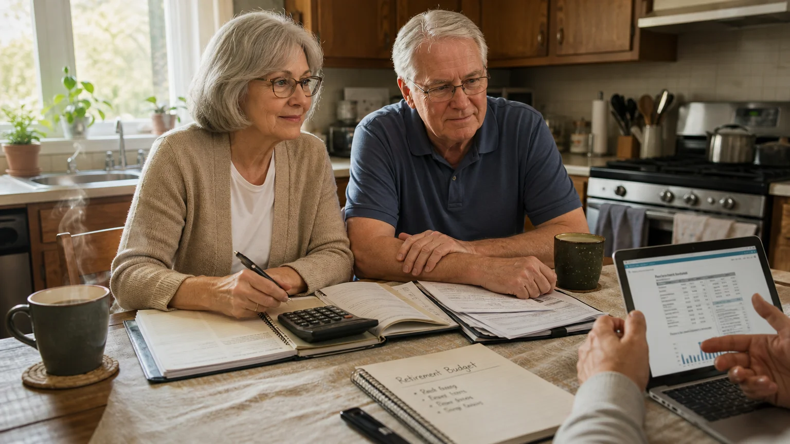 An older couple sits at their kitchen table with papers and a calculator, talking to a financial planner.