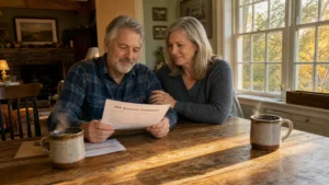 An older couple sits at their warm kitchen table, looking at an IRA statement with relief under soft afternoon window light.
