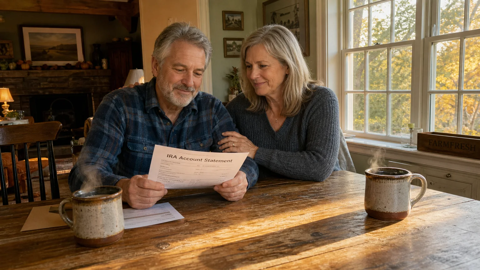 An older couple sits at their warm kitchen table, looking at an IRA statement with relief under soft afternoon window light.