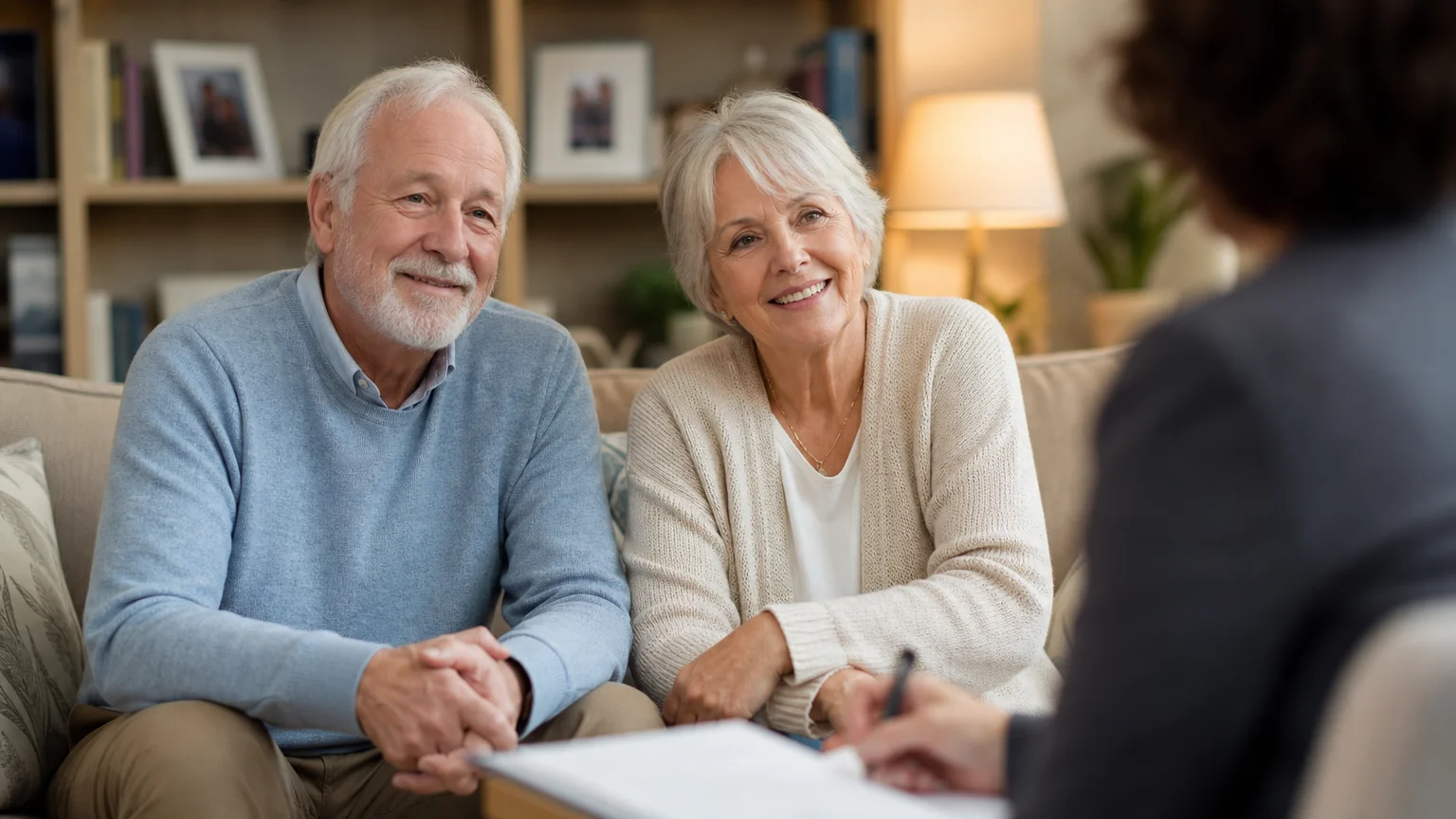 An older couple sits on a living room sofa, smiling with relief as they consult with a financial advisor.