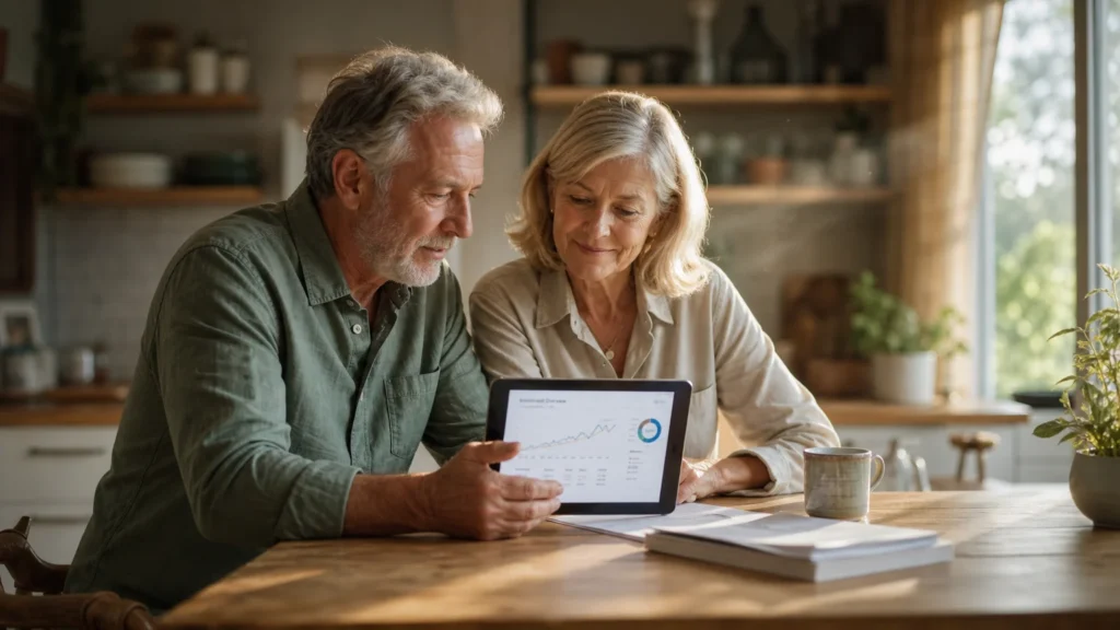 An older couple sitting at a kitchen counter reviewing financial plans together on a tablet under warm morning light.