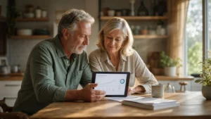 An older couple sitting at a kitchen counter reviewing financial plans together on a tablet under warm morning light.