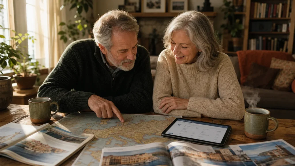 An older couple sitting at a wooden table covered in travel maps and brochures, planning a trip together in their sunlit home.