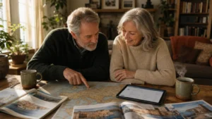 An older couple sitting at a wooden table covered in travel maps and brochures, planning a trip together in their sunlit home.
