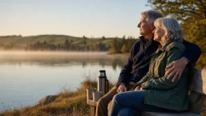 An older couple sitting on a bench overlooking a misty Midwestern lake at sunrise, enjoying a peaceful moment together.