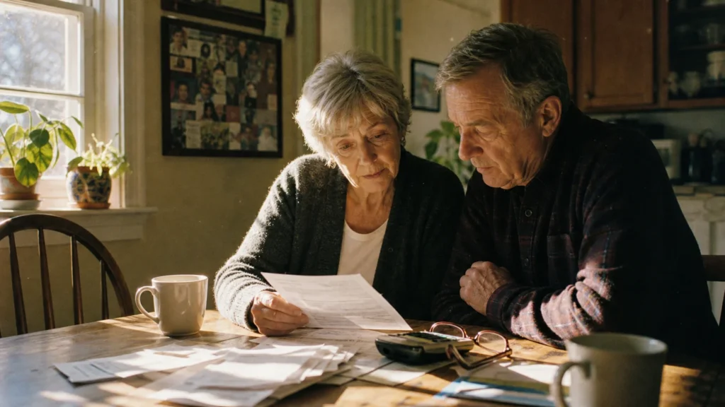 An older couple sitting together at a wooden table reviewing financial documents in soft morning light, reflecting on their retirement budge