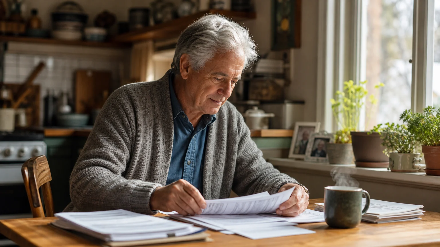 An older man calmly organizes papers at a sunlit kitchen table, looking relaxed and prepared for tax season.