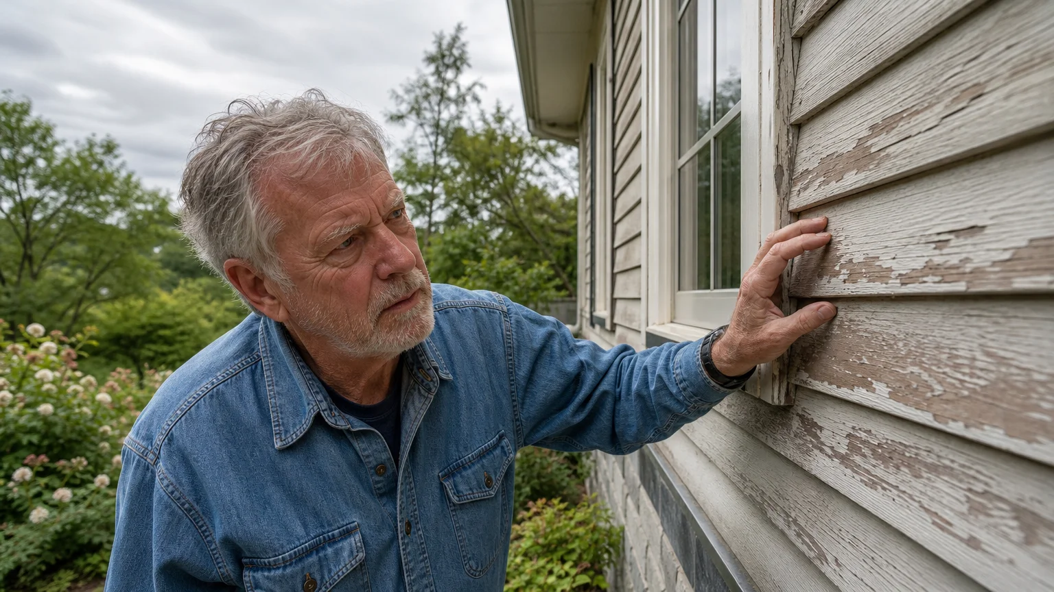An older man inspecting the exterior window frame and wooden siding of his suburban home.