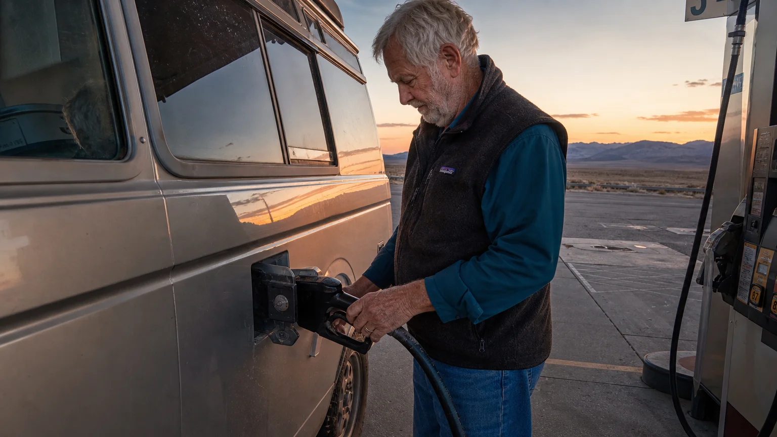 An older man refueling a silver camper van at a desert gas station during sunset, with mountains in the background.