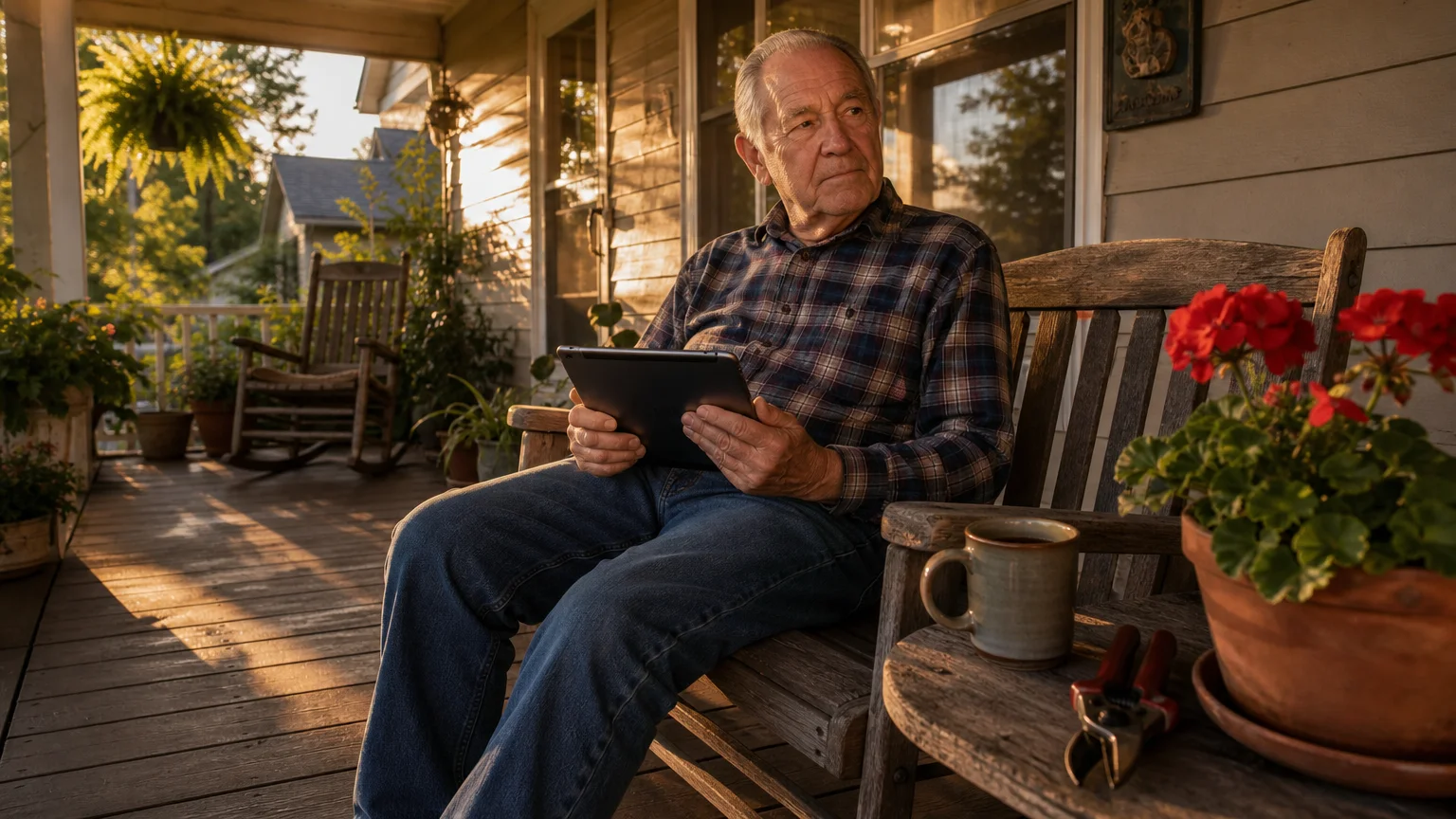 An older man sits on his front porch glider looking thoughtful while holding a tablet in the warm afternoon light.