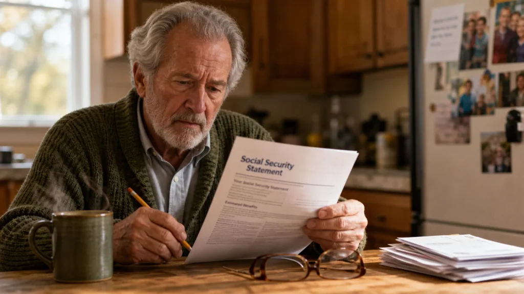 An older man sitting at a kitchen table thoughtfully reviewing his paper Social Security statement with a cup of tea nearby.