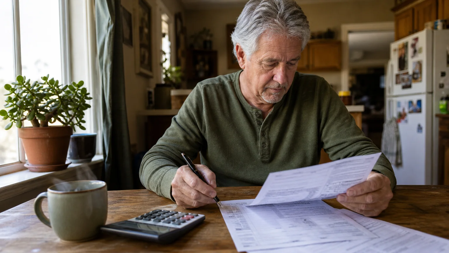 An older man thoughtfully reviewing tax papers and a calculator at a warm, sunlit kitchen table, capturing a realistic home moment.
