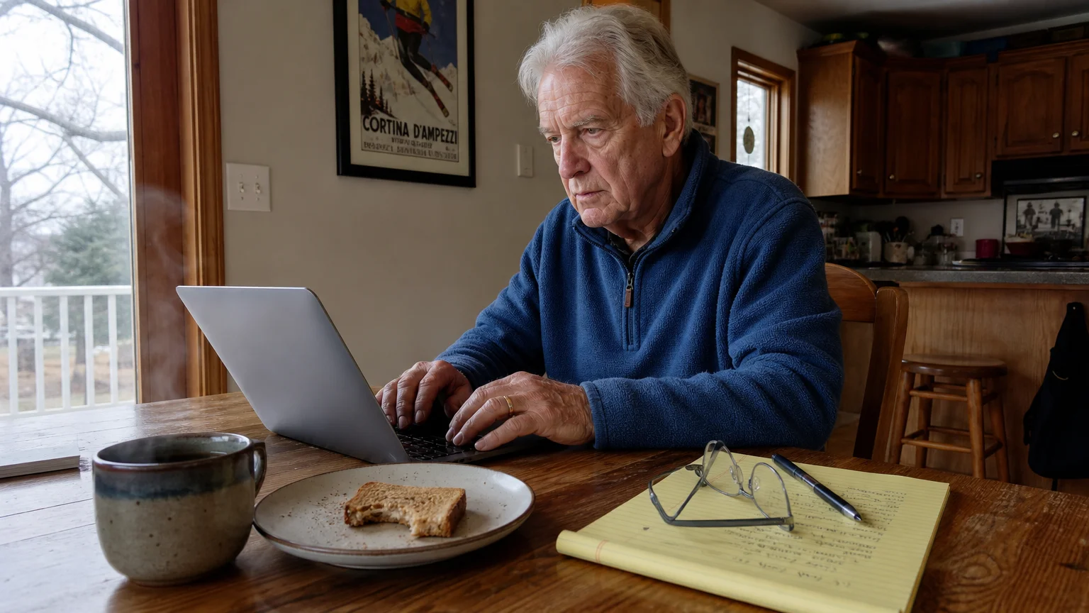 An older man typing on a laptop at his dining table next to a cup of coffee.