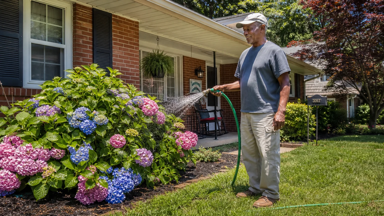 An older man watering hydrangeas in front of his charming suburban home, illustrating property ownership.