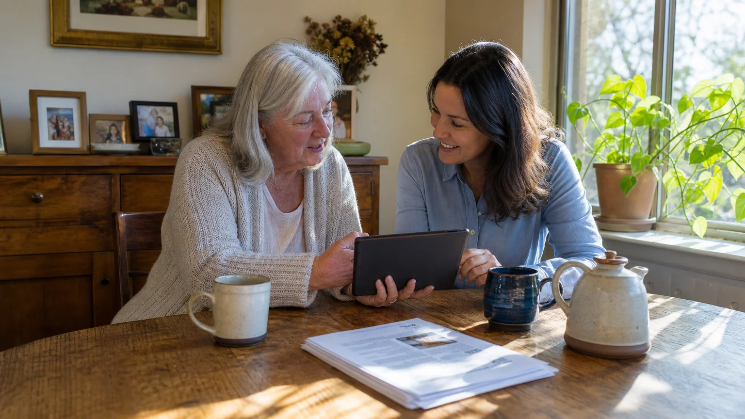 An older woman consulting with an advisor at her bright, sunlit kitchen table with tea and documents.