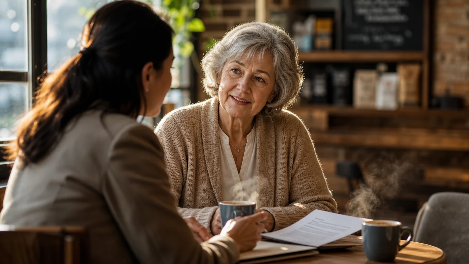 An older woman consults with an advisor at a sunlit local coffee shop, looking relieved and engaged.