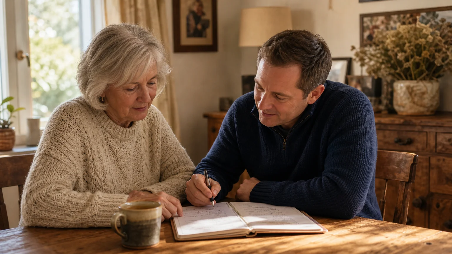 An older woman discussing her retirement savings plan with a friendly advisor at her dining table in warm afternoon light.