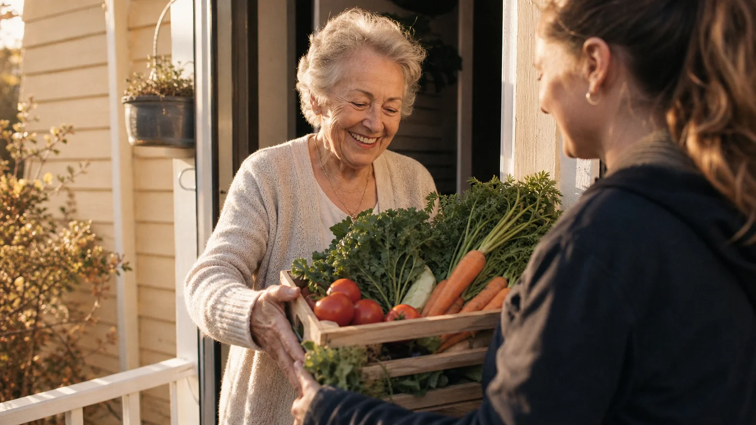 An older woman receives a box of fresh vegetables from a community volunteer on her front porch, shot in warm 35mm film style.