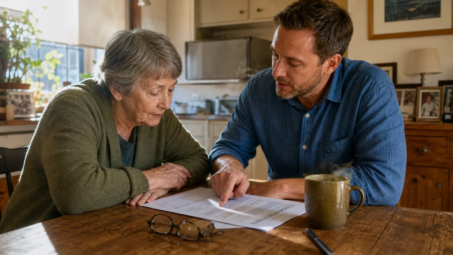 An older woman sits at her sunlit kitchen table, casually reviewing retirement planning documents with a trusted advisor.