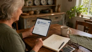 An older woman sits at her wooden kitchen table with a checklist, calculator, and a tablet displaying the SSA.gov website.