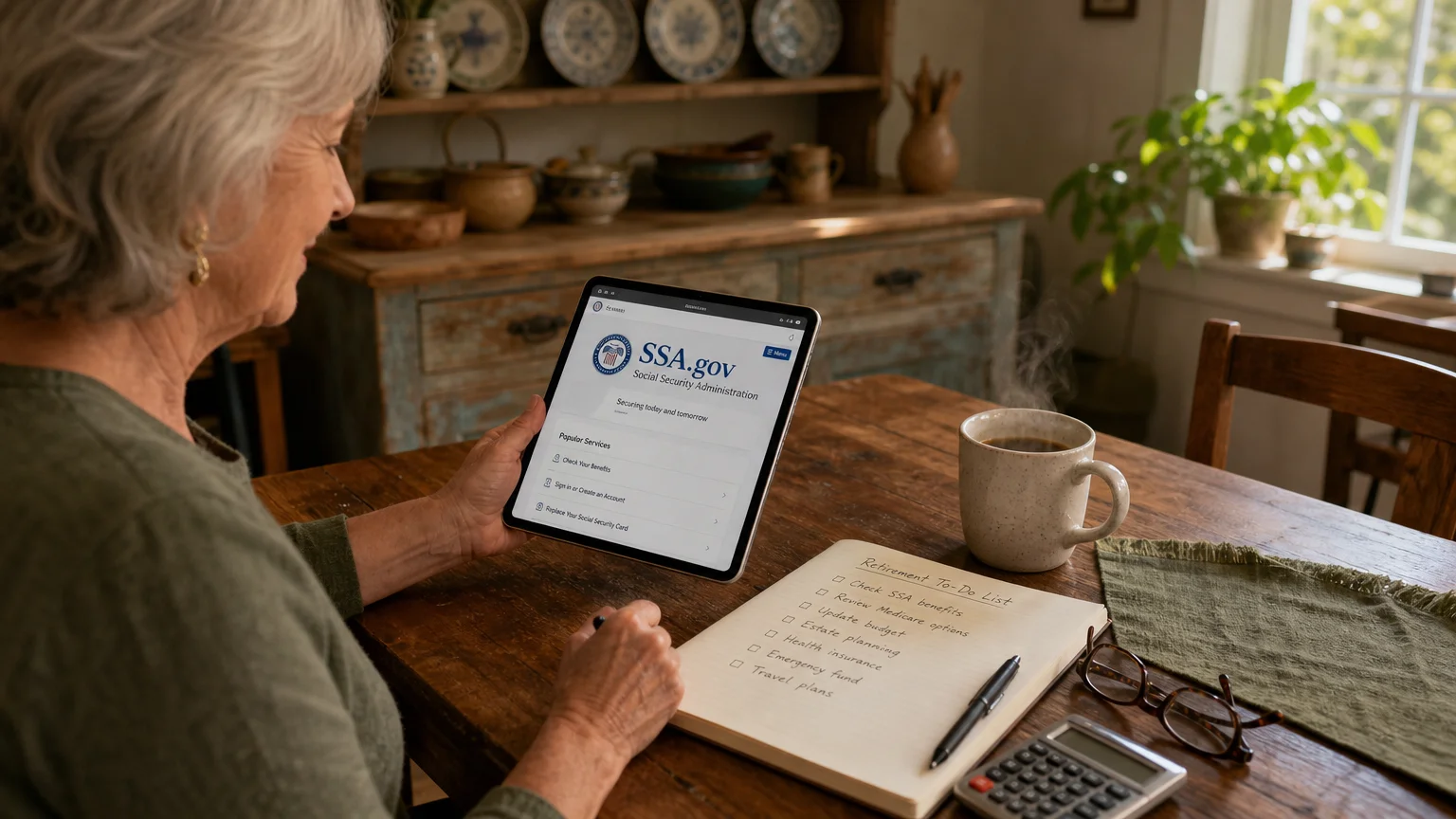 An older woman sits at her wooden kitchen table with a checklist, calculator, and a tablet displaying the SSA.gov website.