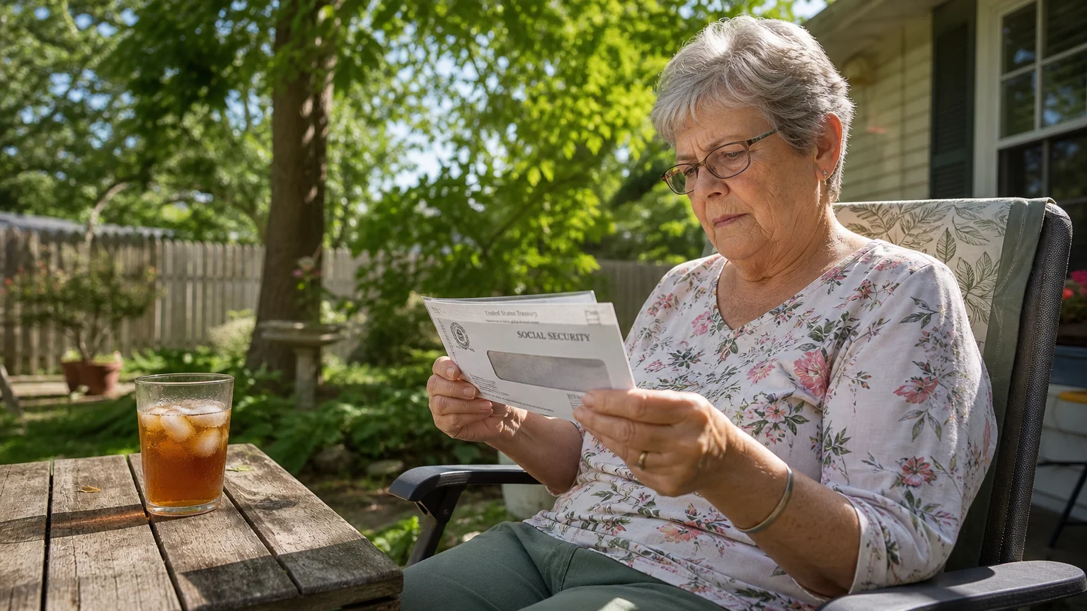 An older woman sits on a sunny patio, thoughtfully examining a mail envelope in a realistic, warm afternoon setting.