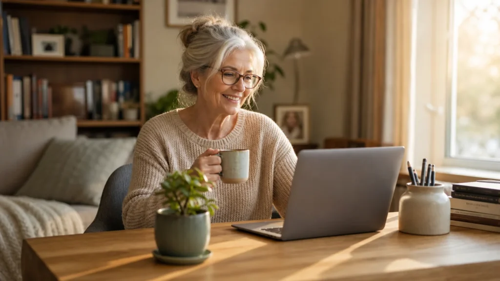 An older woman smiling while working on her laptop in a cozy, sunlit home office.