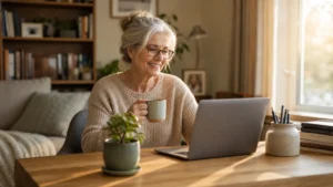 An older woman smiling while working on her laptop in a cozy, sunlit home office.