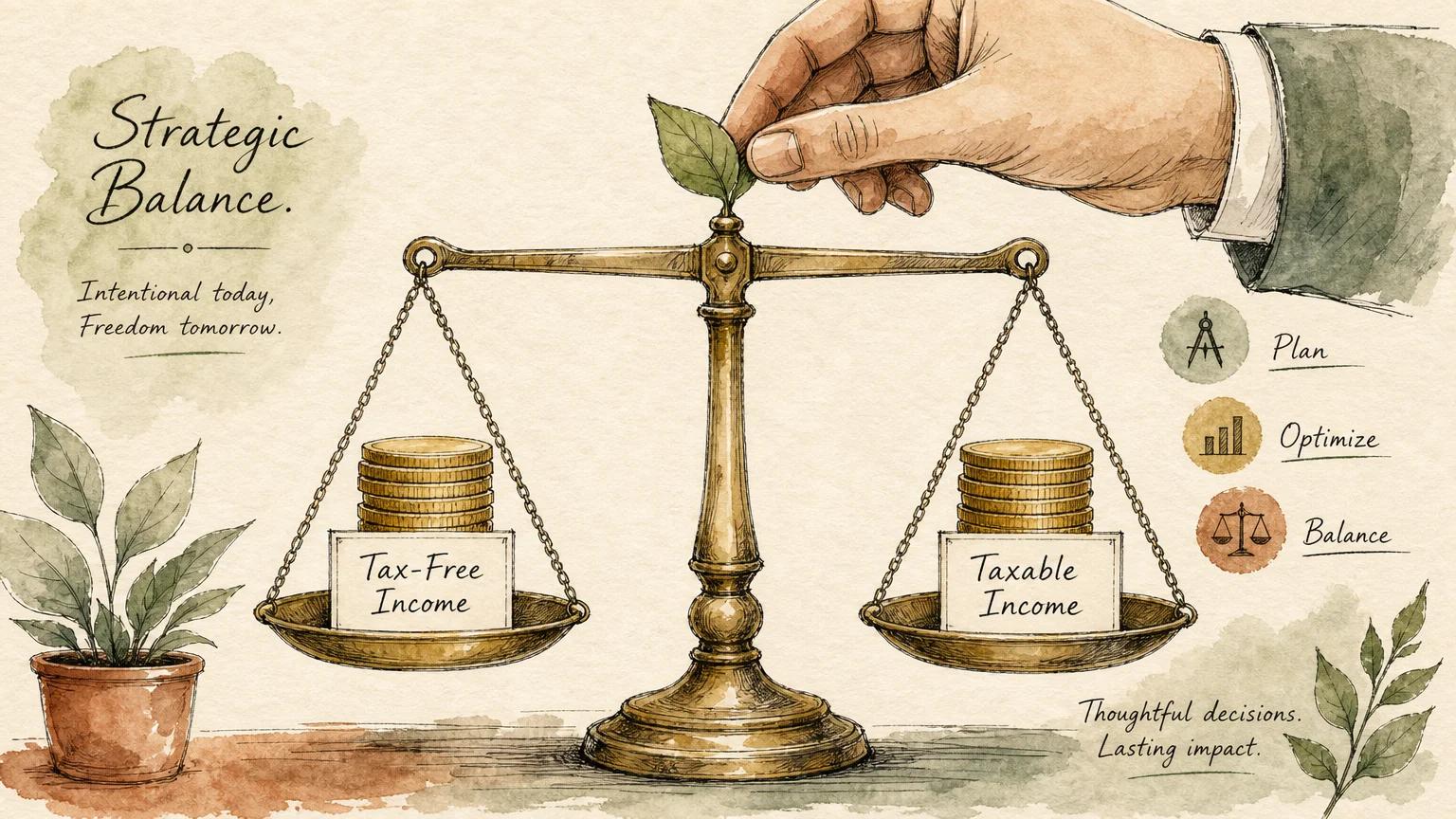 An watercolor illustration of a balance scale with stacks of coins labeled 'Tax-Free Income' and 'Taxable Income'.