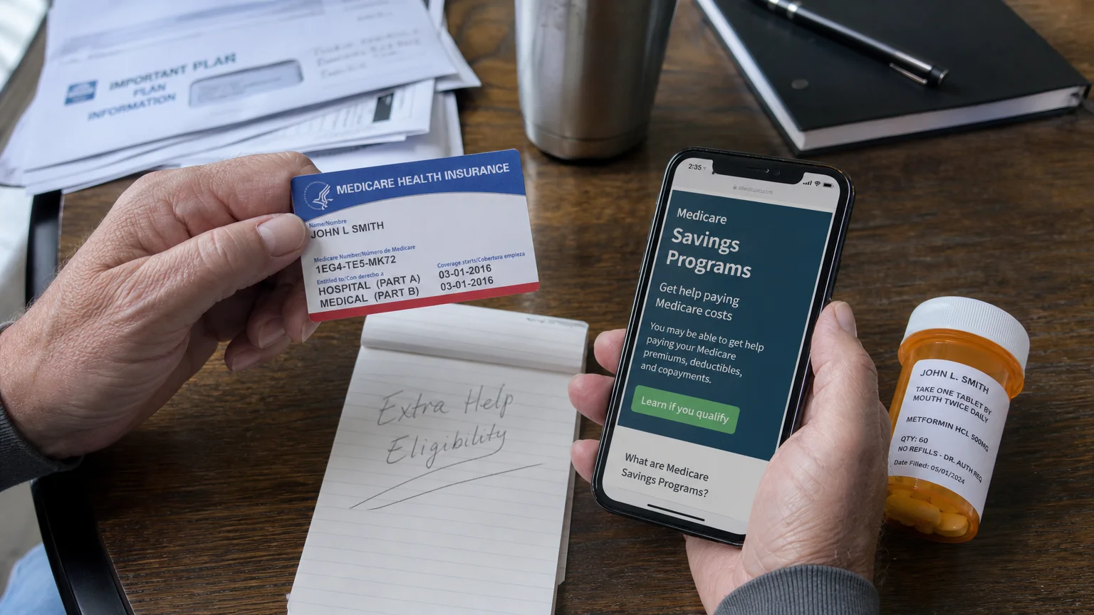 Close-up of a senior's hands holding a Medicare card while researching savings programs on a smartphone.