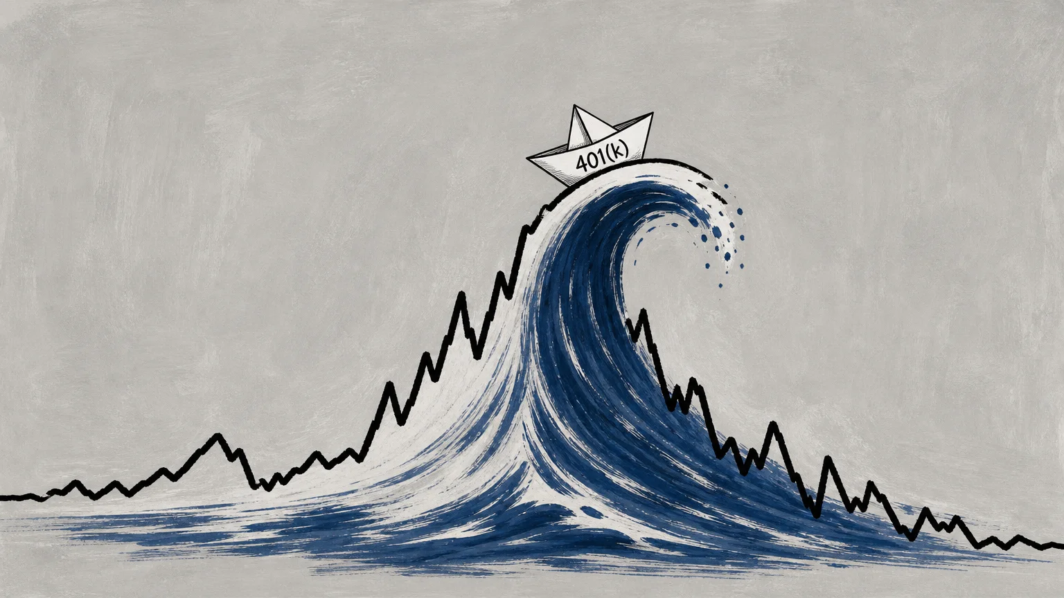 Conceptual illustration of a stock market graph turning into a wave with a small boat labeled 401(k).