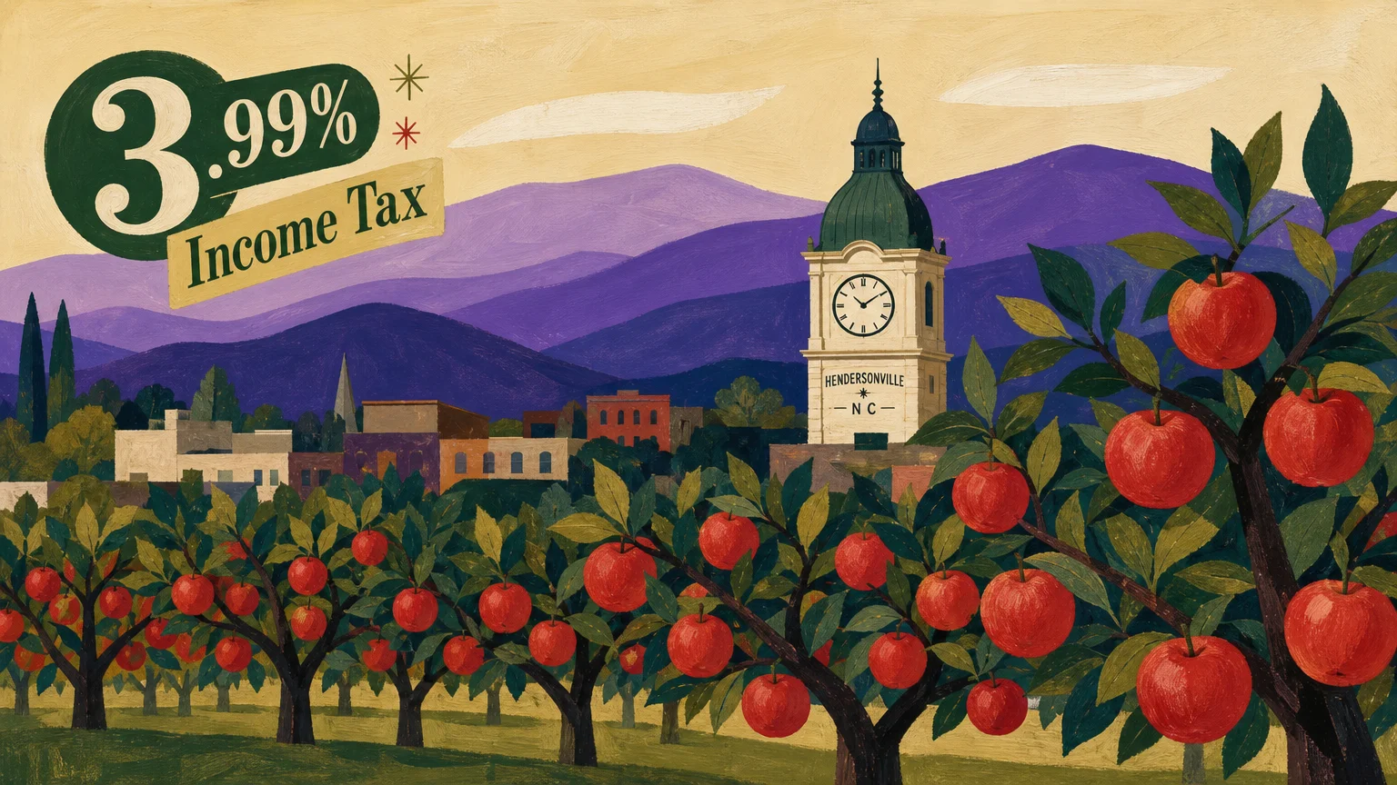 Gouache illustration of apple orchards in front of the Blue Ridge Mountains with 3.99% tax rate text.