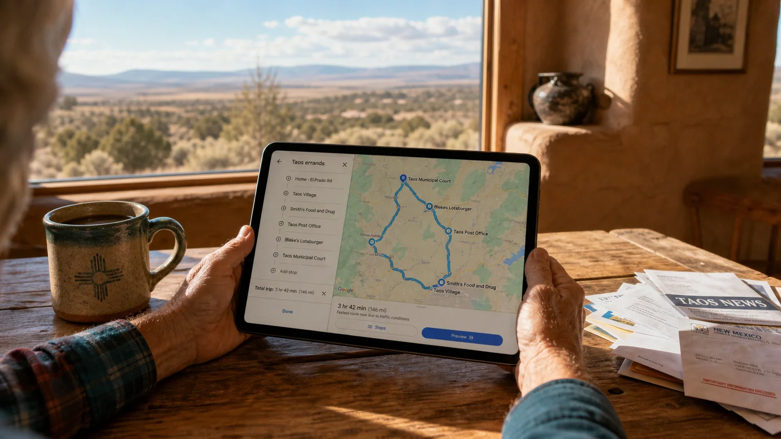 Hands hold a tablet showing a long travel route on a map, with a desert landscape visible through a window.