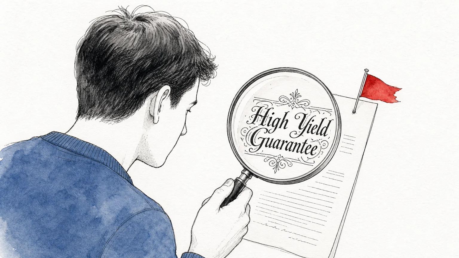 Illustration of a person using a magnifying glass to inspect a financial document for pitfalls.
